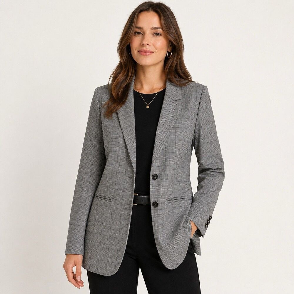 Liz Claiborne Glen Plaid Blazer Women’s 12 Gray Black Longline Career Jacket New